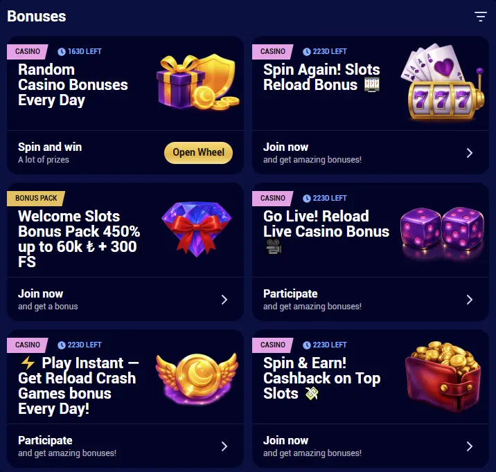 All bonuses at Casino Spinay